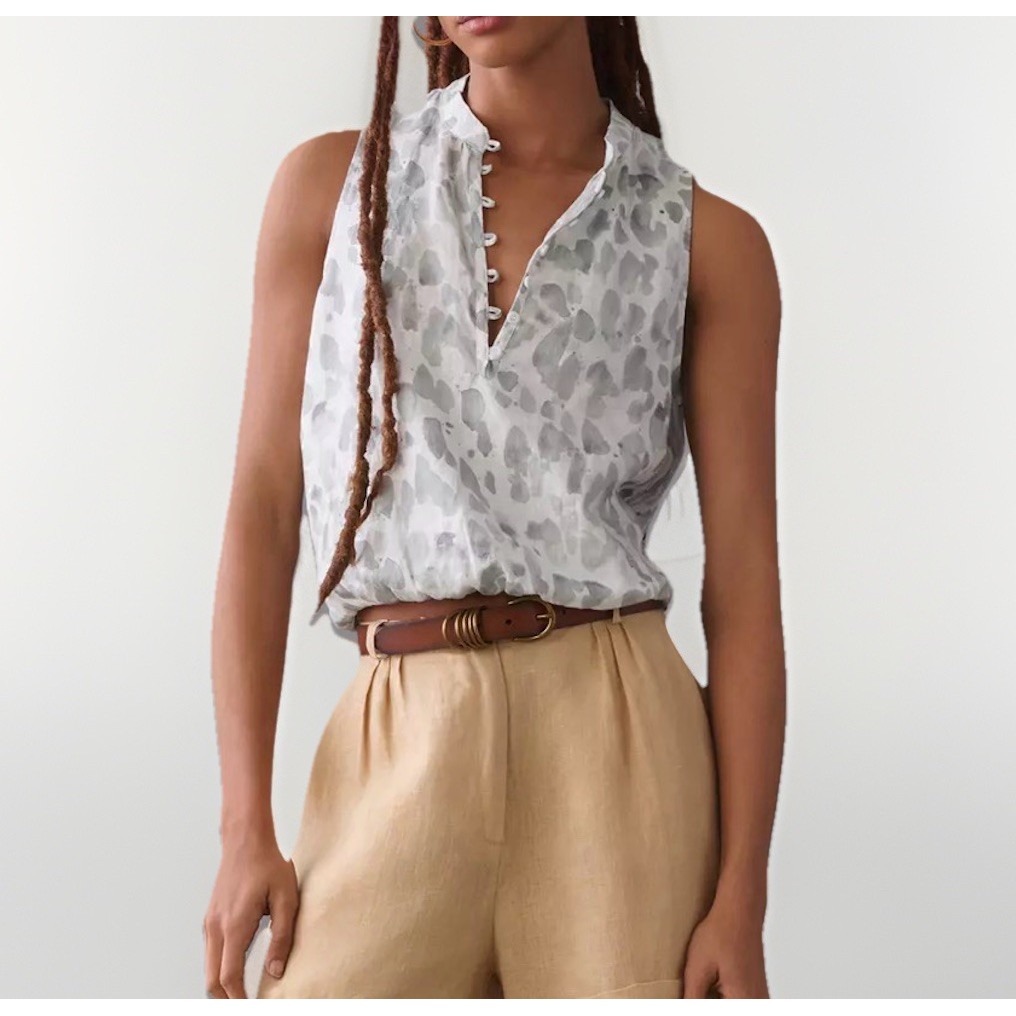 Anthropologie Cloth & Stone Linen Henley Top Leopard Print Small